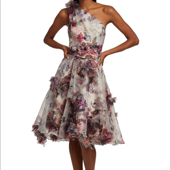 Marchesa Notte Floral One-Shoulder Dress - Picture 3 of 11